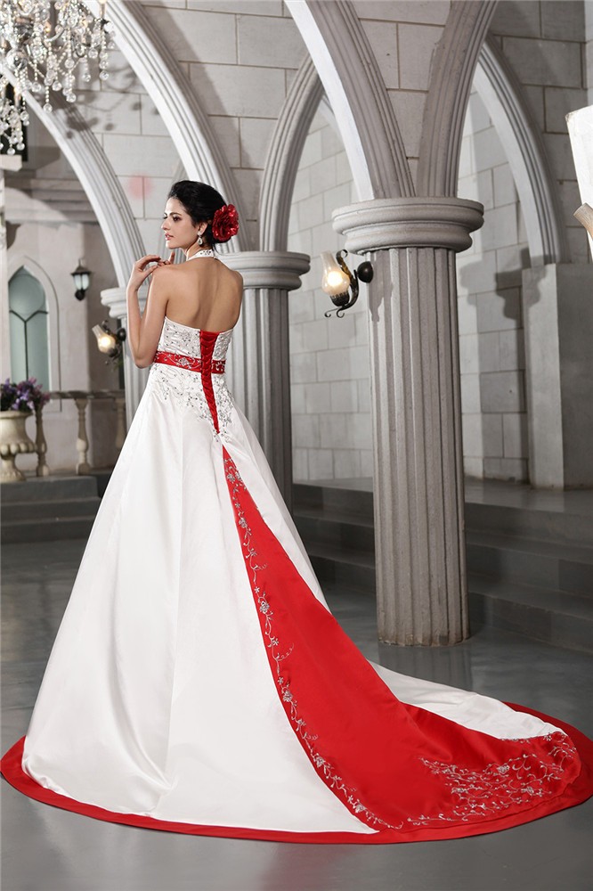 A-Line/Princess V-neck Sleeveless Beading Embroidery Long Satin Wedding Dresses 1878