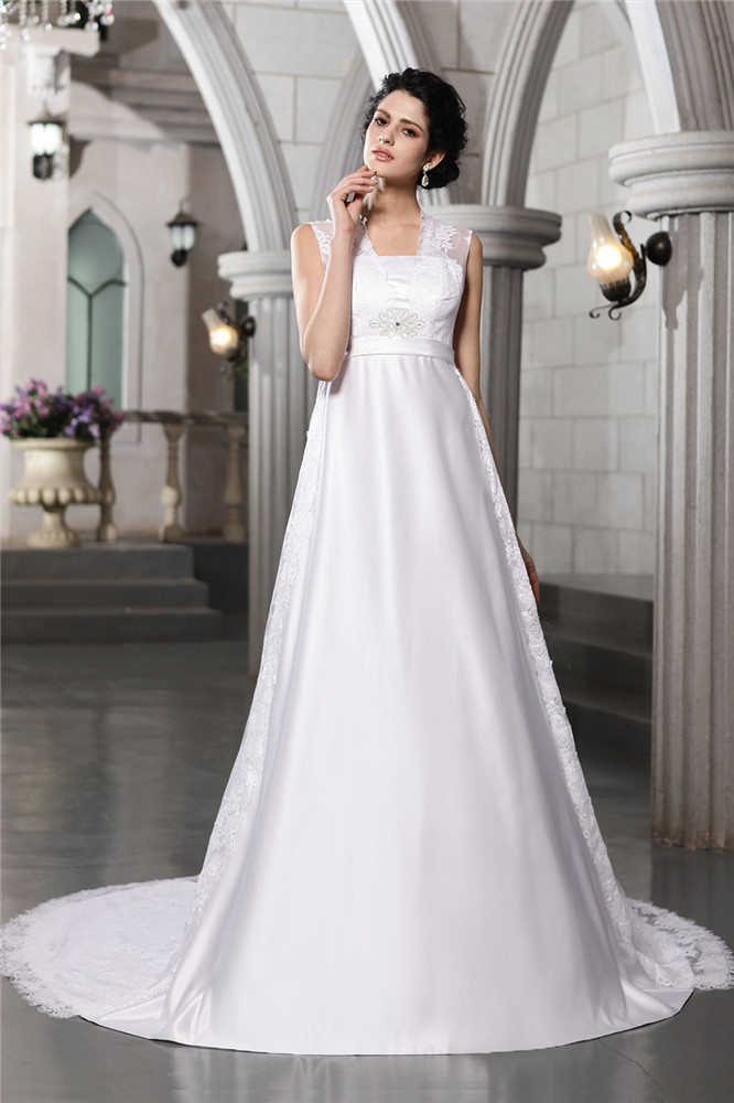 A-Line/Princess Sleeveless Lace Long Satin Wedding Dresses 1807