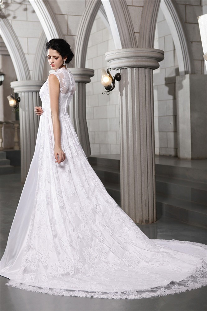 A-Line/Princess Sleeveless Lace Long Satin Wedding Dresses 1807