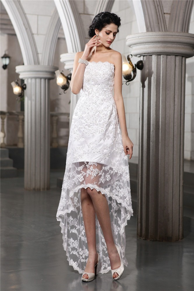 Sheath/Column Strapless Sleeveless Beading High Low Lace Wedding Dresses 1973