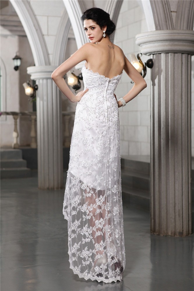 Sheath/Column Strapless Sleeveless Beading High Low Lace Wedding Dresses 1973