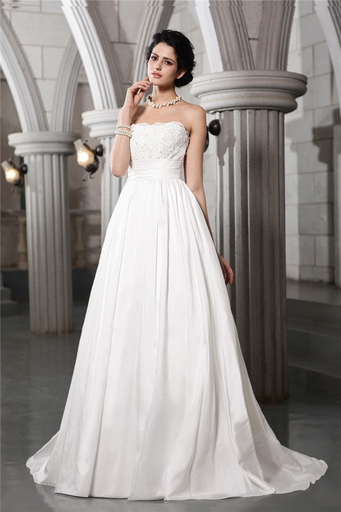 A-Line/Princess Strapless Sleeveless Beading Applique Long Taffeta Wedding Dresses 1816