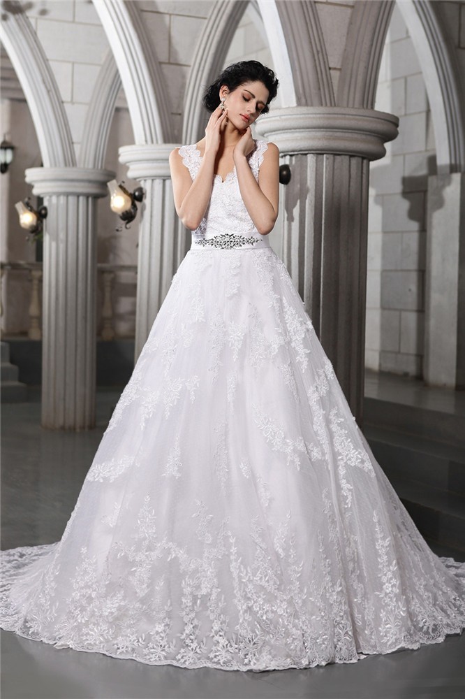 A-Line/Princess V-neck Sleeveless Beading Applique Long Organza Wedding Dresses 1877