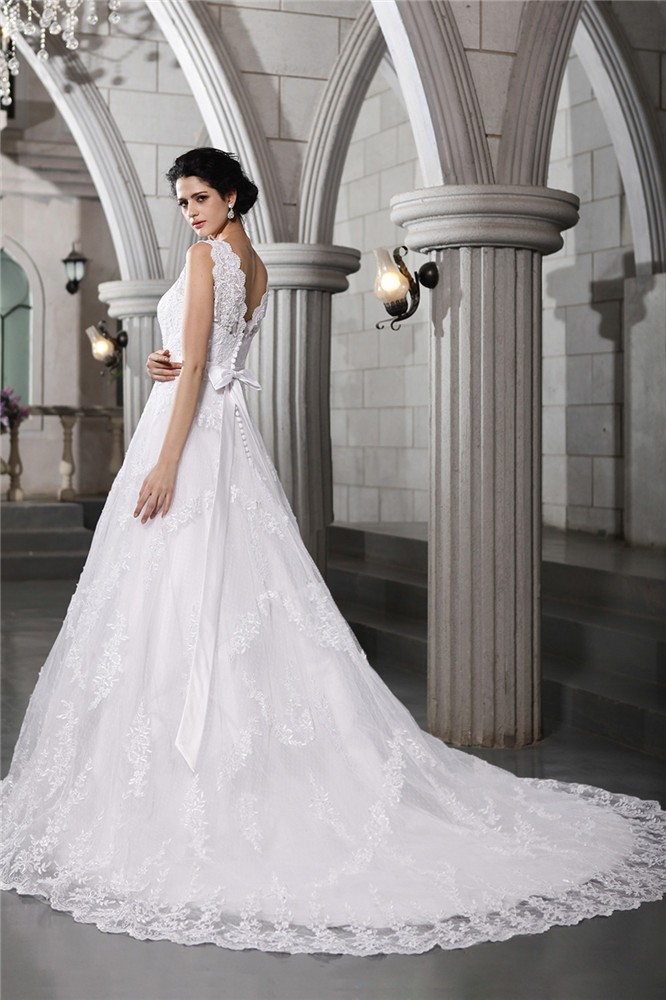 A-Line/Princess V-neck Sleeveless Beading Applique Long Organza Wedding Dresses 1877