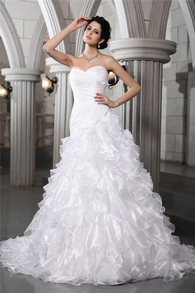 A-Line/Princess Sweetheart Sleeveless Pleats Beading Long Organza Wedding Dresses 1857