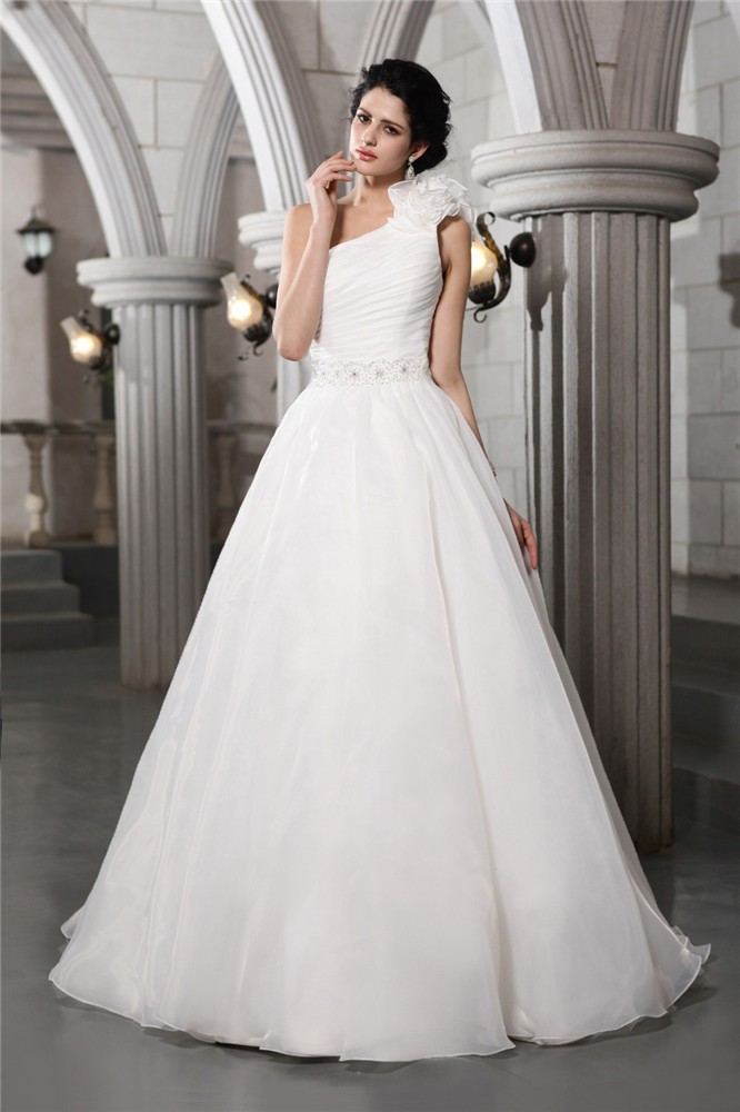 A-Line/Princess One-Shoulder Sleeveless Beading Long Organza Wedding Dresses 1797