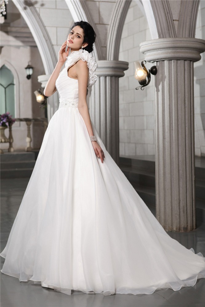 A-Line/Princess One-Shoulder Sleeveless Beading Long Organza Wedding Dresses 1797