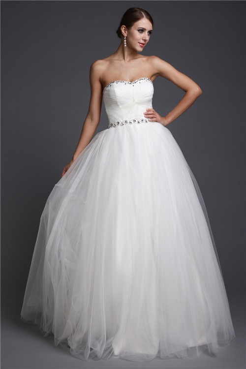 A-Line/Princess Sweetheart Sleeveless Long Beading Net Dresses 1854