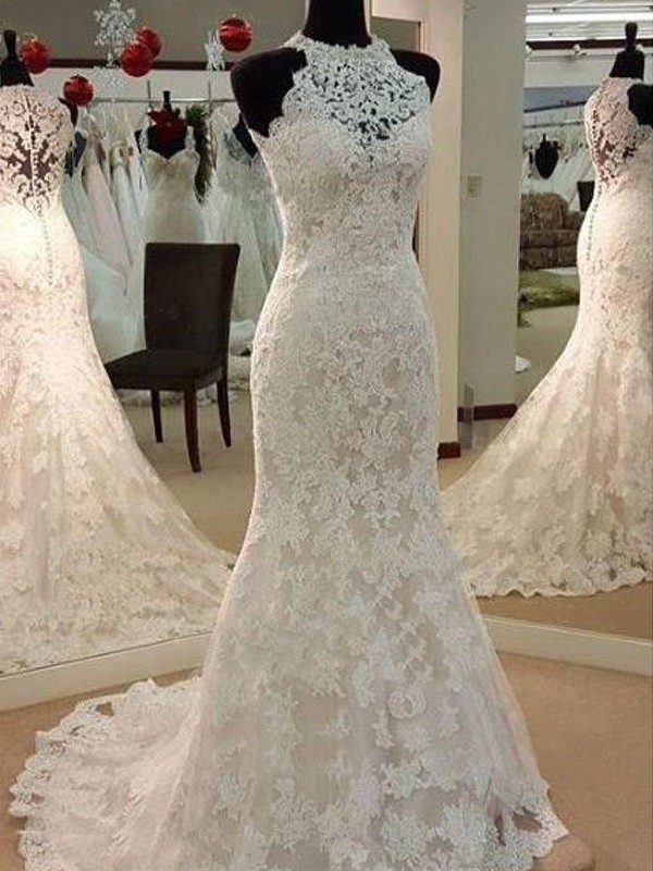 Sheath/Column Sleeveless Scoop Sweep/Brush Train Applique Lace Wedding Dresses 1443