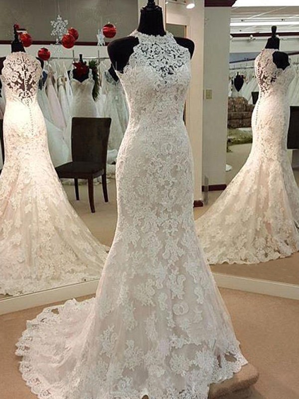 Sheath/Column Sleeveless Scoop Sweep/Brush Train Applique Lace Wedding Dresses 1443