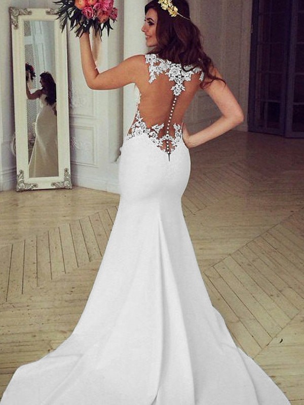 Trumpet/Mermaid Scoop Sleeveless Sweep/Brush Train Applique Stretch Crepe Wedding Dresses 1632