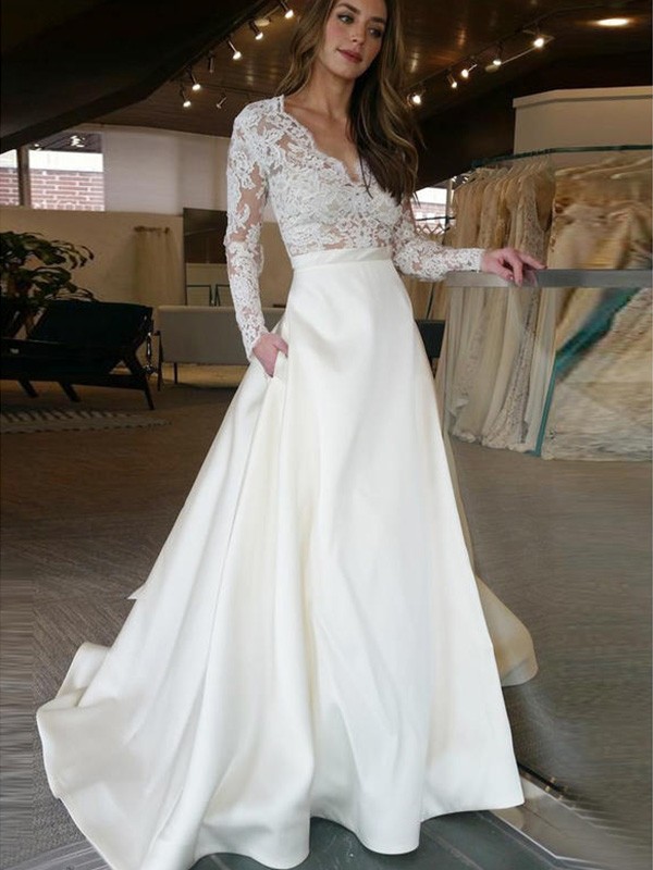 A-Line/Princess Long Sleeves Sweep/Brush Train V-neck Applique Satin Wedding Dresses 752