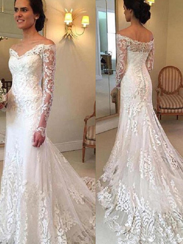 Trumpet/Mermaid Off-the-Shoulder Court Train Long Sleeves Applique Lace Wedding Dresses 1603