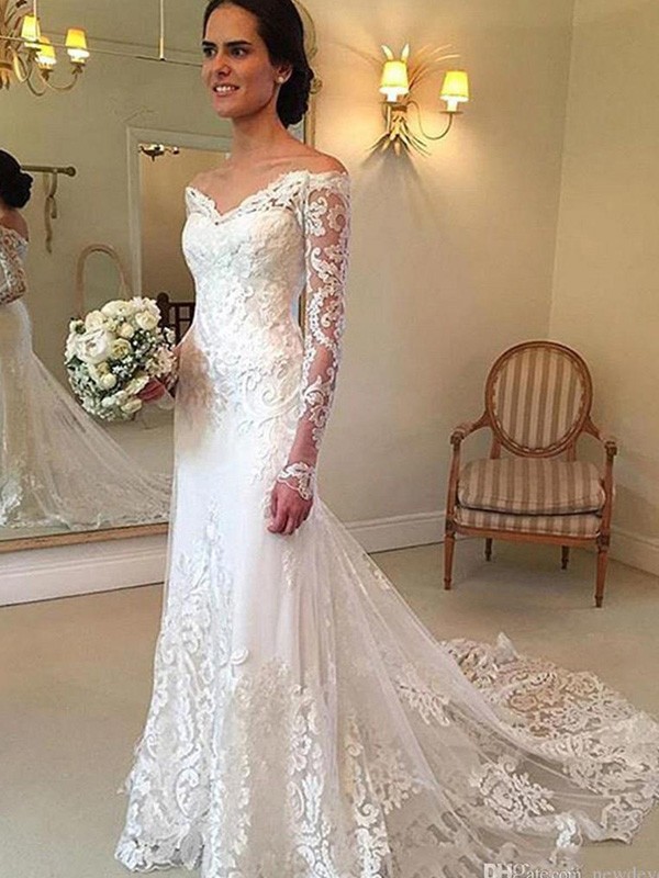 Trumpet/Mermaid Off-the-Shoulder Court Train Long Sleeves Applique Lace Wedding Dresses 1603