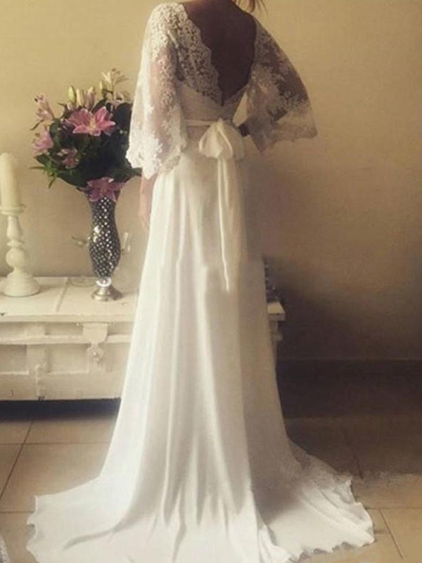 A-Line/Princess V-neck Long Sleeves Sash/Ribbon/Belt Court Train Lace Wedding Dresses 1137