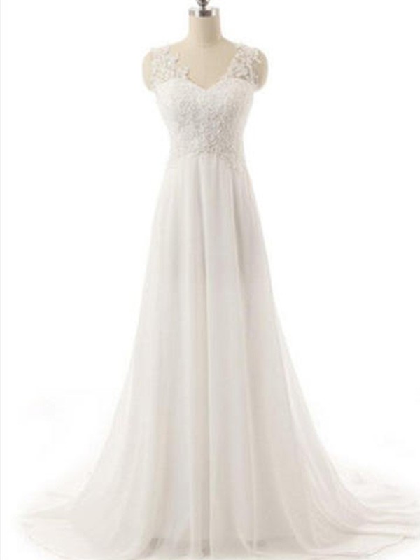 A-Line/Princess V-neck Sleeveless Sweep/Brush Train Lace Chiffon Wedding Dresses 1153