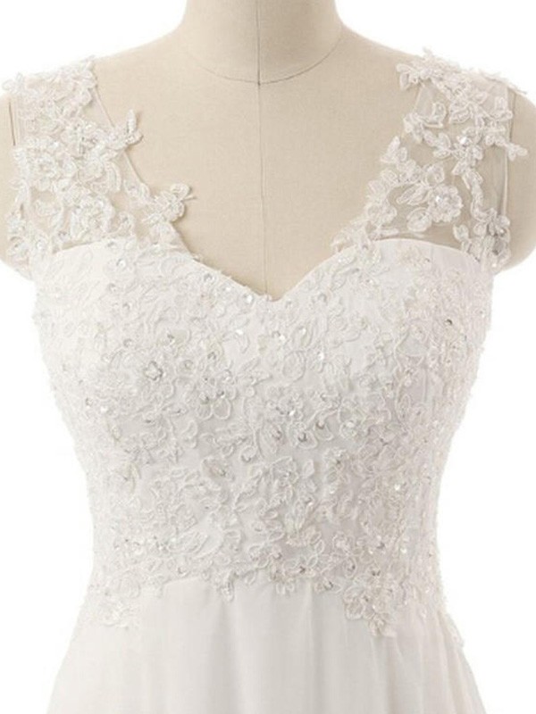 A-Line/Princess V-neck Sleeveless Sweep/Brush Train Lace Chiffon Wedding Dresses 1153