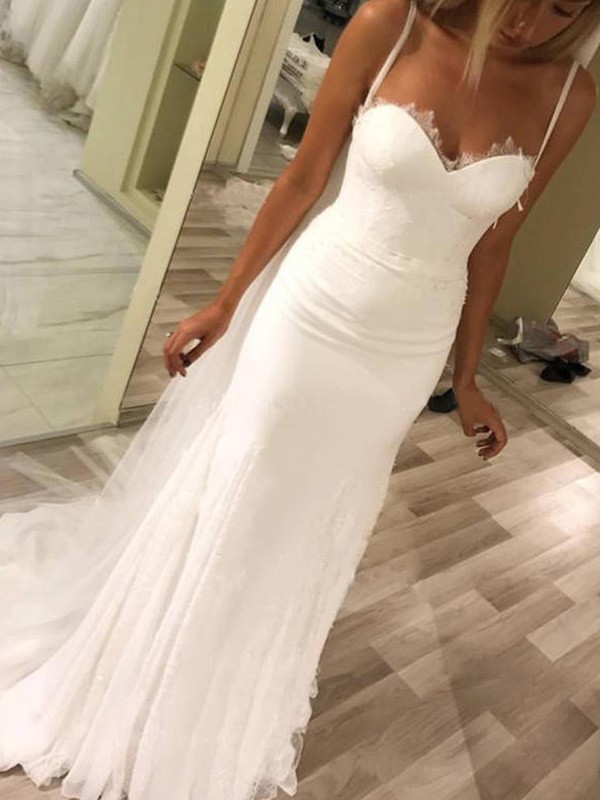 Sheath/Column Sweetheart Spaghetti Straps Sleeveless Sweep/Brush Train Lace Wedding Dresses 1528