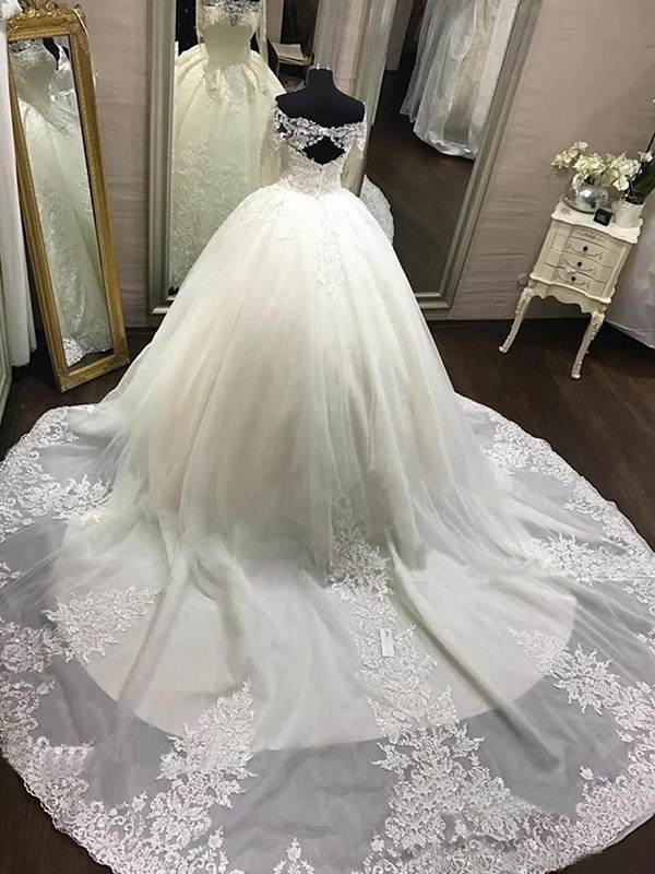 Ball Gown Off-the-Shoulder Long Sleeves Cathedral Train Applique Tulle Wedding Dresses 1209