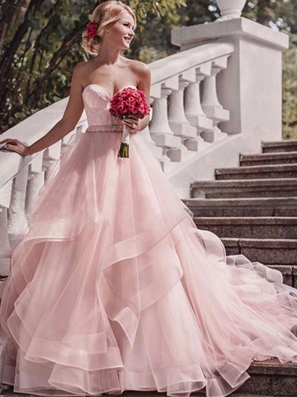 Ball Gown Sweetheart Sleeveless Court Train Layers Organza Wedding Dresses 1284