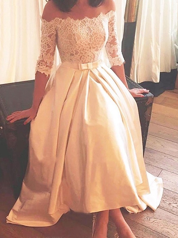 A-Line/Princess Off-the-Shoulder Asymmetrical Sweep/Brush Train 1/2 Sleeves Lace Satin Wedding Dresses 755