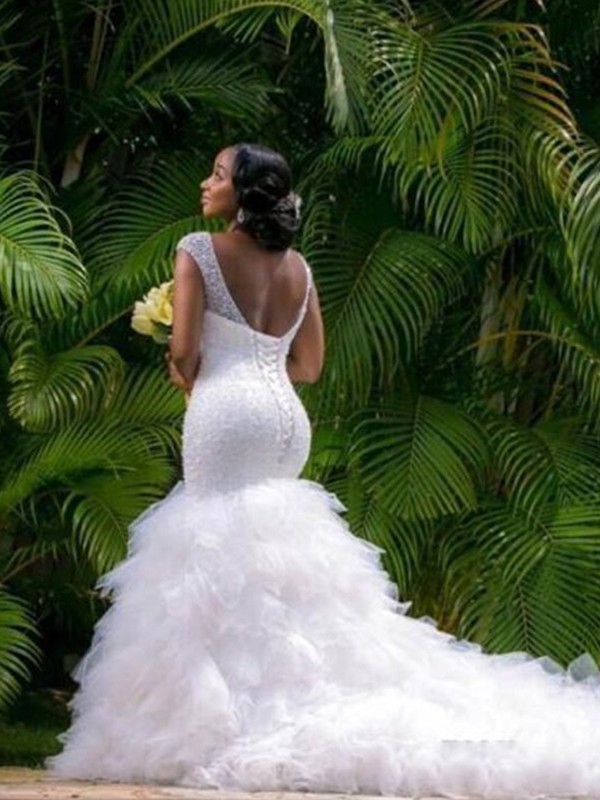 Trumpet/Mermaid V-neck Sleeveless Cathedral Train Beading Tulle Wedding Dresses 1753