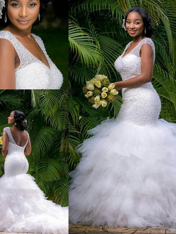 Trumpet/Mermaid V-neck Sleeveless Cathedral Train Beading Tulle Wedding Dresses 1753