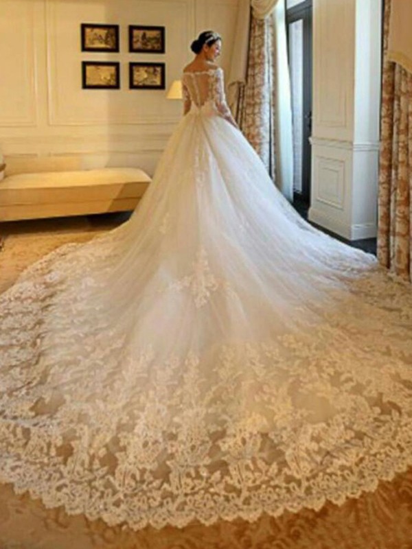 Ball Gown Off-the-Shoulder Cathedral Train 3/4 Sleeves Beading Applique Tulle Wedding Dresses 1204