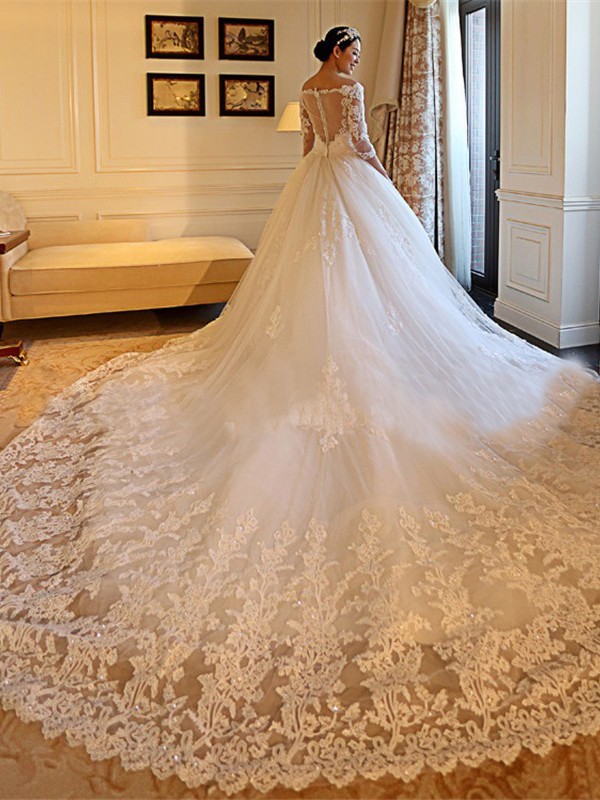 Ball Gown Off-the-Shoulder Cathedral Train 3/4 Sleeves Beading Applique Tulle Wedding Dresses 1204