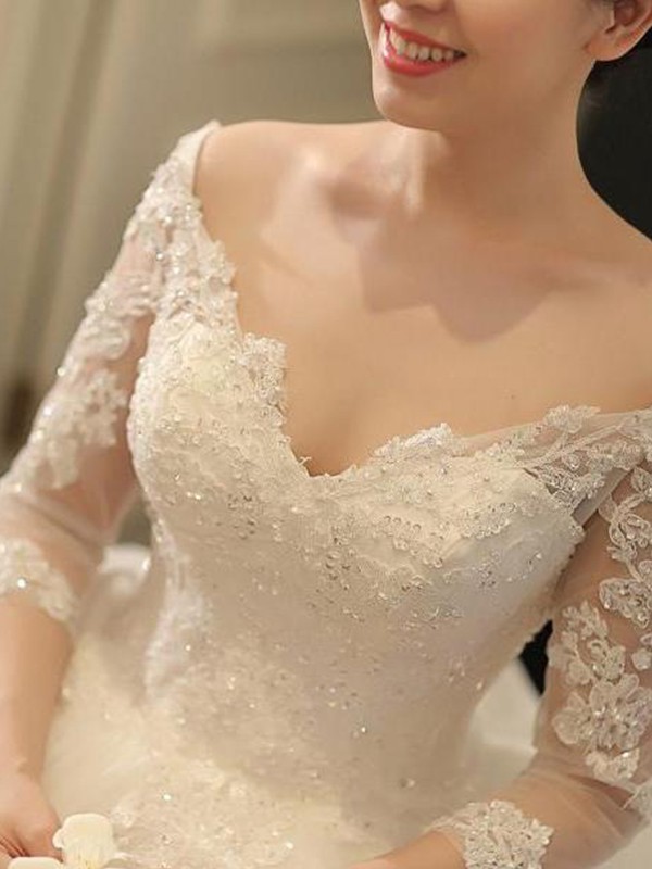 Ball Gown Off-the-Shoulder Cathedral Train 3/4 Sleeves Beading Applique Tulle Wedding Dresses 1204