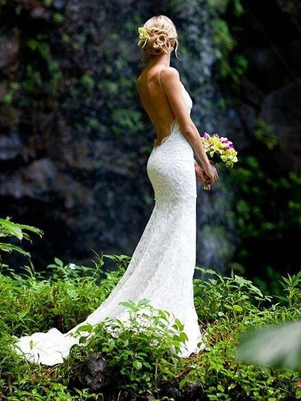 Sheath/Column Sleeveless V-neck Spaghetti Straps Court Train Lace Wedding Dresses 1445