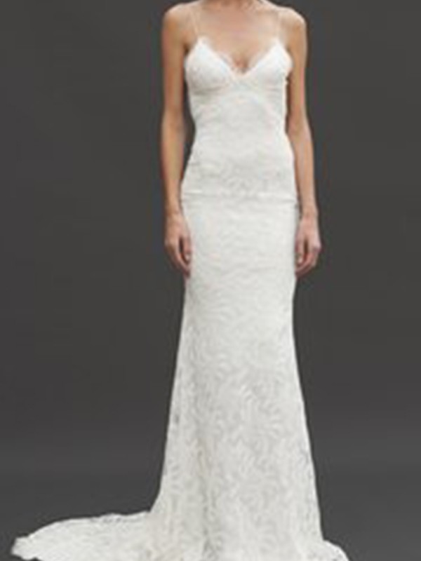 Sheath/Column Sleeveless V-neck Spaghetti Straps Court Train Lace Wedding Dresses 1445