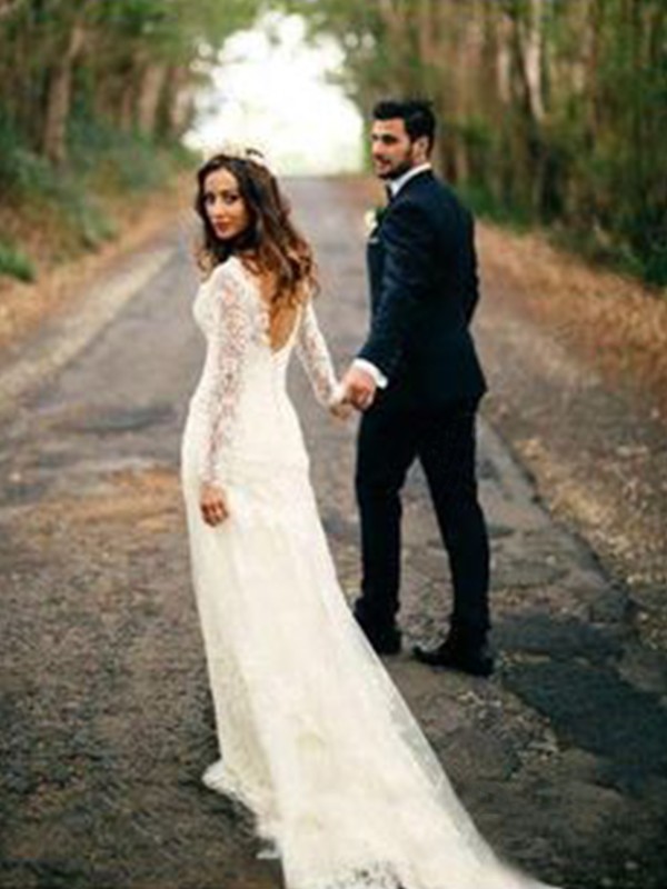 Sheath/Column Long Sleeves V-neck Court Train Applique Lace Wedding Dresses 1405