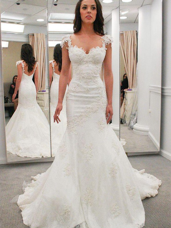 Trumpet/Mermaid Sweetheart Short Sleeves Applique Chapel Train Lace Wedding Dresses 1690