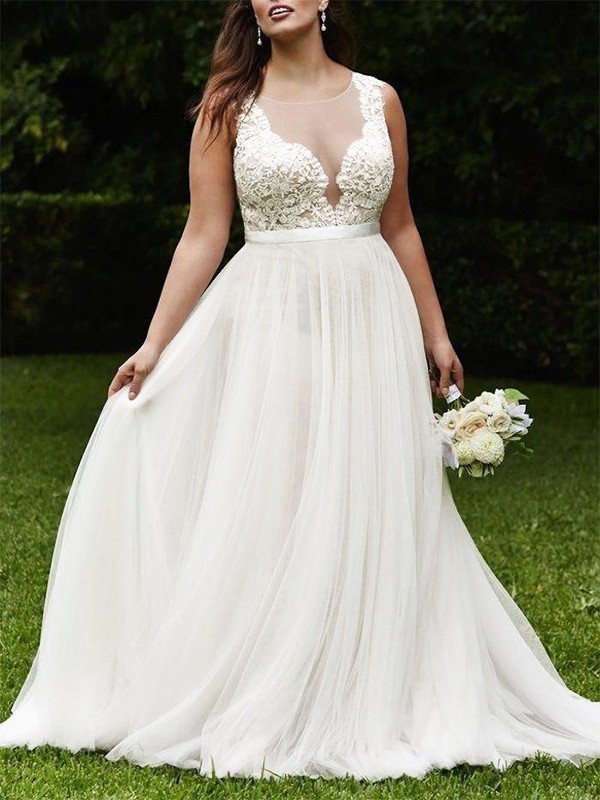 A-Line/Princess Scoop Court Train Sleeveless Lace Tulle Wedding Dresses 868