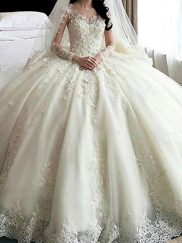 Ball Gown Scoop Cathedral Train Long Sleeves Lace Applique Tulle Wedding Dresses 1235