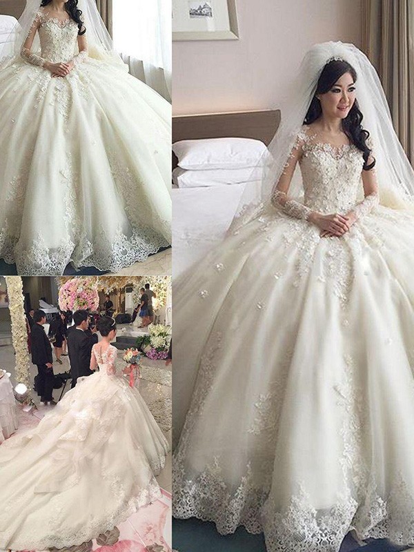 Ball Gown Scoop Cathedral Train Long Sleeves Lace Applique Tulle Wedding Dresses 1235