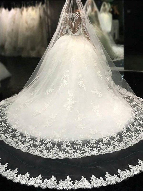 Ball Gown Scoop Long Sleeves Lace Cathedral Train Applique Tulle Wedding Dresses 1237