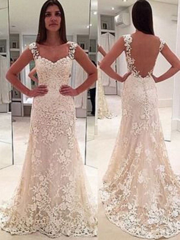 Sheath/Column Straps Sleeveless Court Train Sweetheart Applique Lace Wedding Dresses 1452