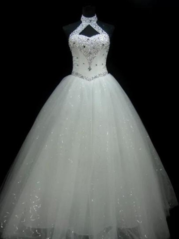 Ball Gown Halter Sleeveless Floor-Length Beading Sequin Tulle Wedding Dresses 1181