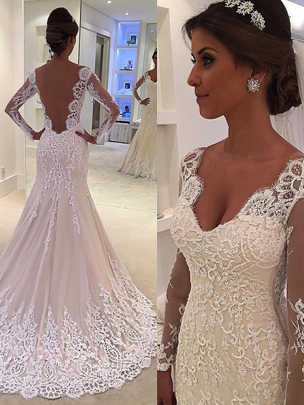 Trumpet/Mermaid Long Sleeves V-neck Court Train Lace Wedding Dresses 1597