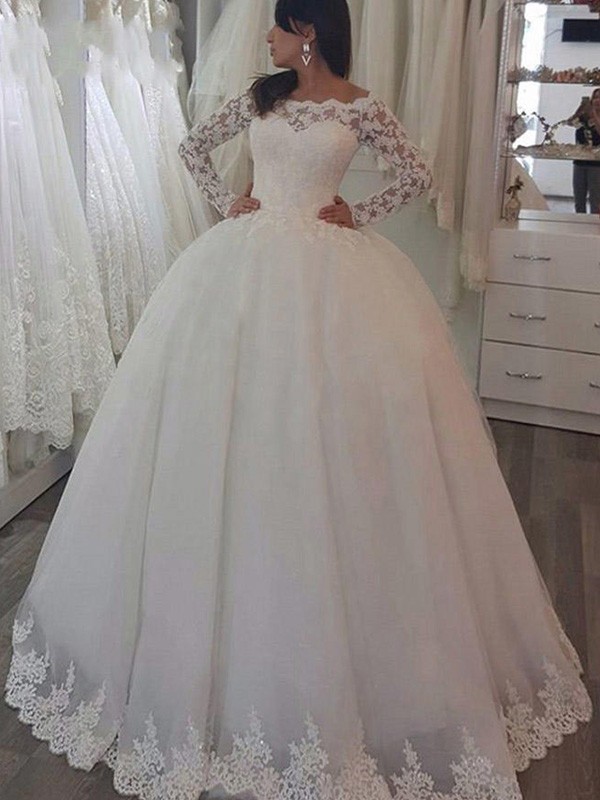 Ball Gown Long Sleeves Off-the-Shoulder Sweep/Brush Train Applique Lace Wedding Dresses 1197