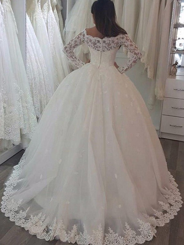 Ball Gown Long Sleeves Off-the-Shoulder Sweep/Brush Train Applique Lace Wedding Dresses 1197