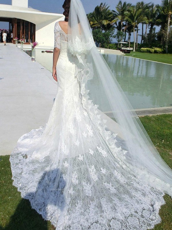 Trumpet/Mermaid 1/2 Sleeves Square Cathedral Train Applique Lace Wedding Dresses 1544