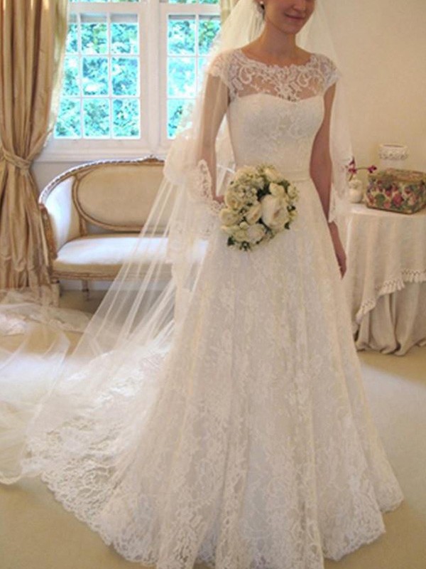 A-Line/Princess Sash/Ribbon/Belt Short Sleeves Square Court Train Applique Lace Wedding Dresses 785