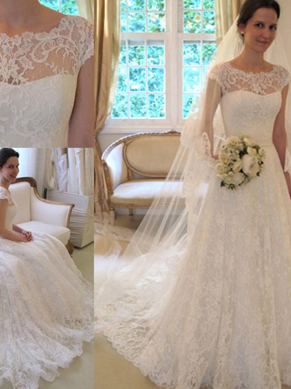 A-Line/Princess Sash/Ribbon/Belt Short Sleeves Square Court Train Applique Lace Wedding Dresses 785