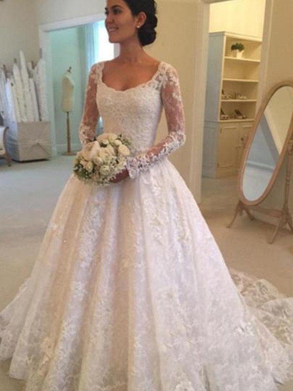 Ball Gown Long Sleeves Scoop Cathedral Train Ruffles Lace Wedding Dresses 1199