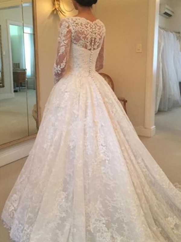 Ball Gown Long Sleeves Scoop Cathedral Train Ruffles Lace Wedding Dresses 1199