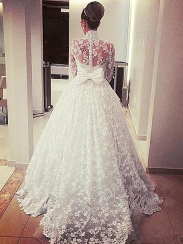 Ball Gown Long Sleeves High Neck Sweep/Brush Train Sash/Ribbon/Belt Lace Wedding Dresses 1194