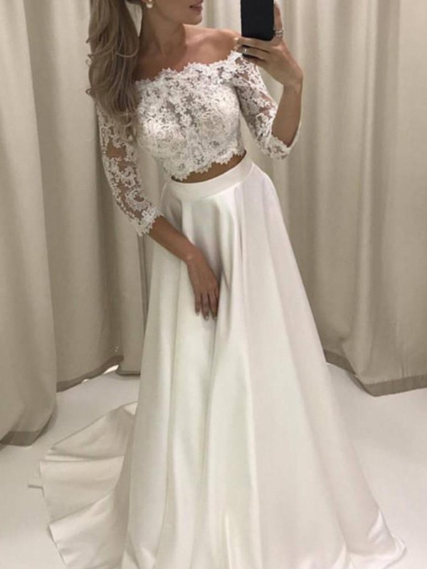 A-Line/Princess 3/4 Sleeves Off-the-Shoulder Court Train Applique Satin Wedding Dresses 607